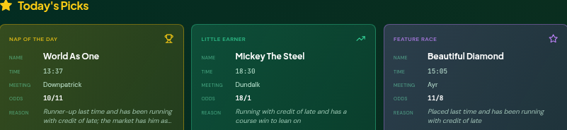 One Stop Racing daily tips - Nap of the Day, Little Earner and Feature Race selections