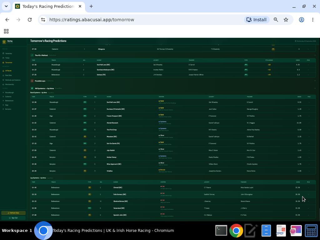 Back Systems and Lay Systems split into separate tables with HC/NHC badges and tier dots